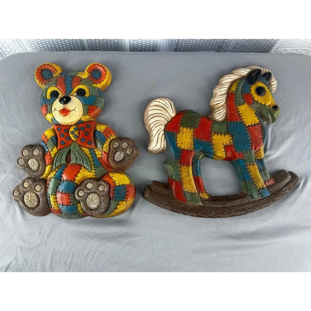 VINTAGE 1970'S Patchwork Rocking Horse & Bear Molded Foam Wall Hangings Set Of 2